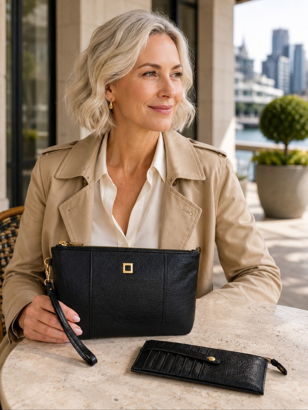 Lodis Black Pebbled Leather Wristlet Clutch + Card Case Wallet Set
